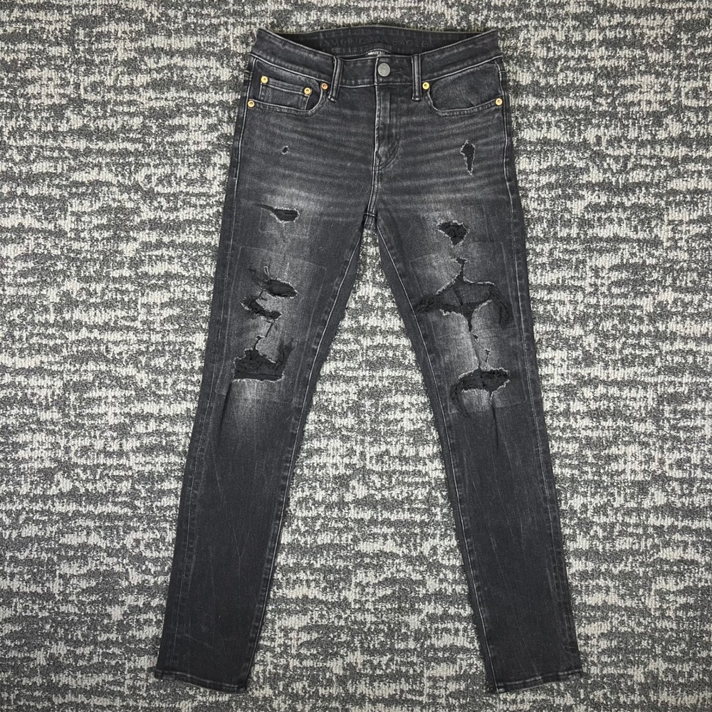 American Eagle Airflex 360 Jeans Mens 30x32 Black Distressed Skinny Ripped Denim